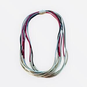 Multistrand Silver Tone Tube Beads on Black Gray Maroon Cord Ten Cords Necklace